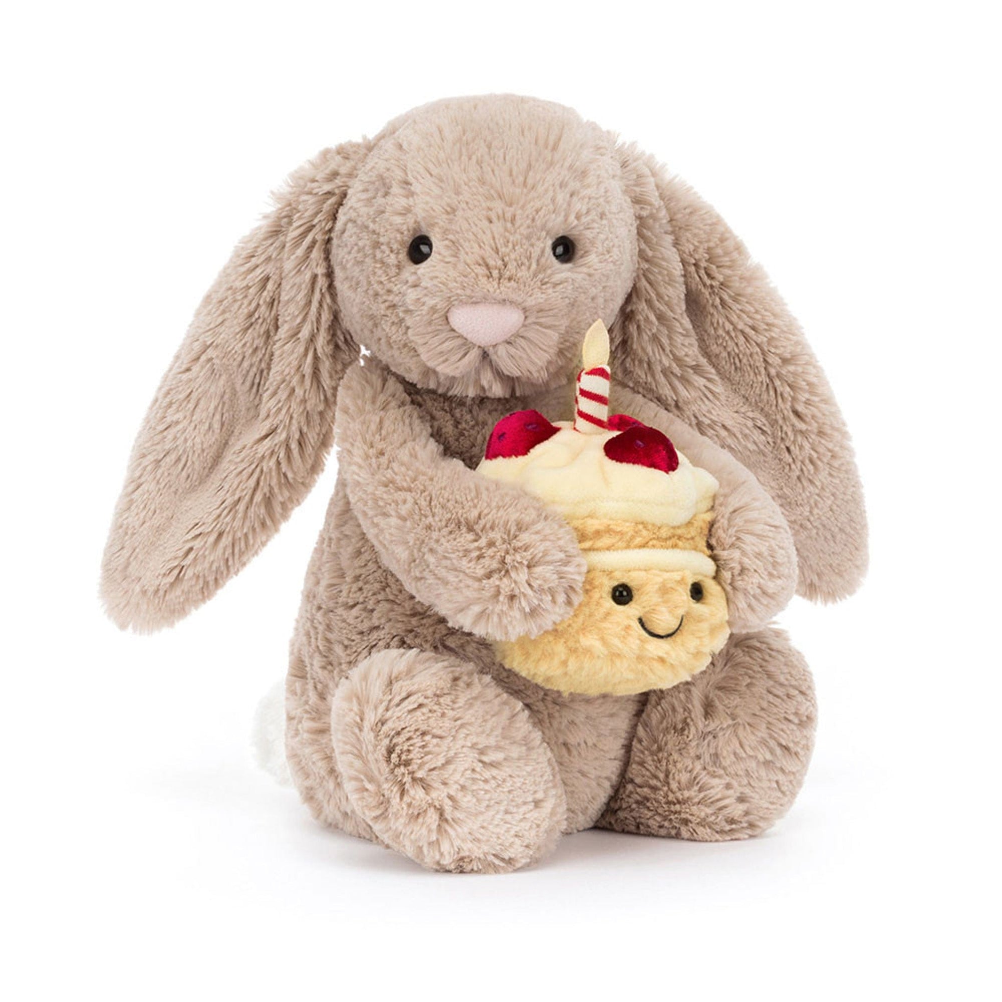 Beige bunny holding birthday cupcake
