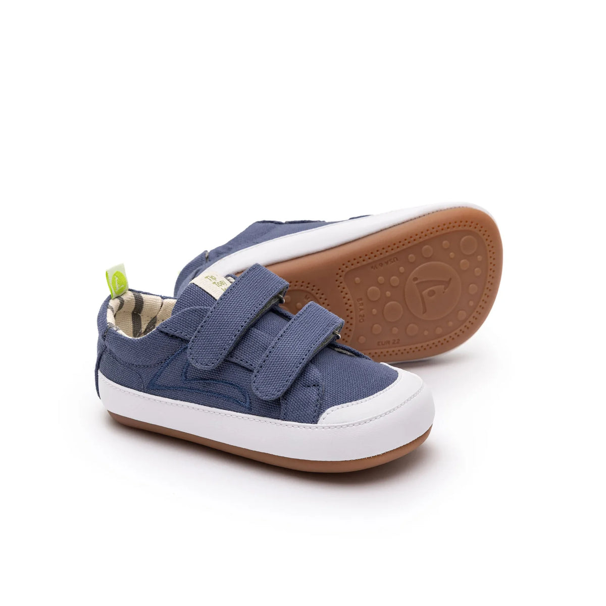 Tip Toey Joey Bossy Green Sneakers in Lona Azul Klein blue canvas, shown as a pair with the natural rubber sole