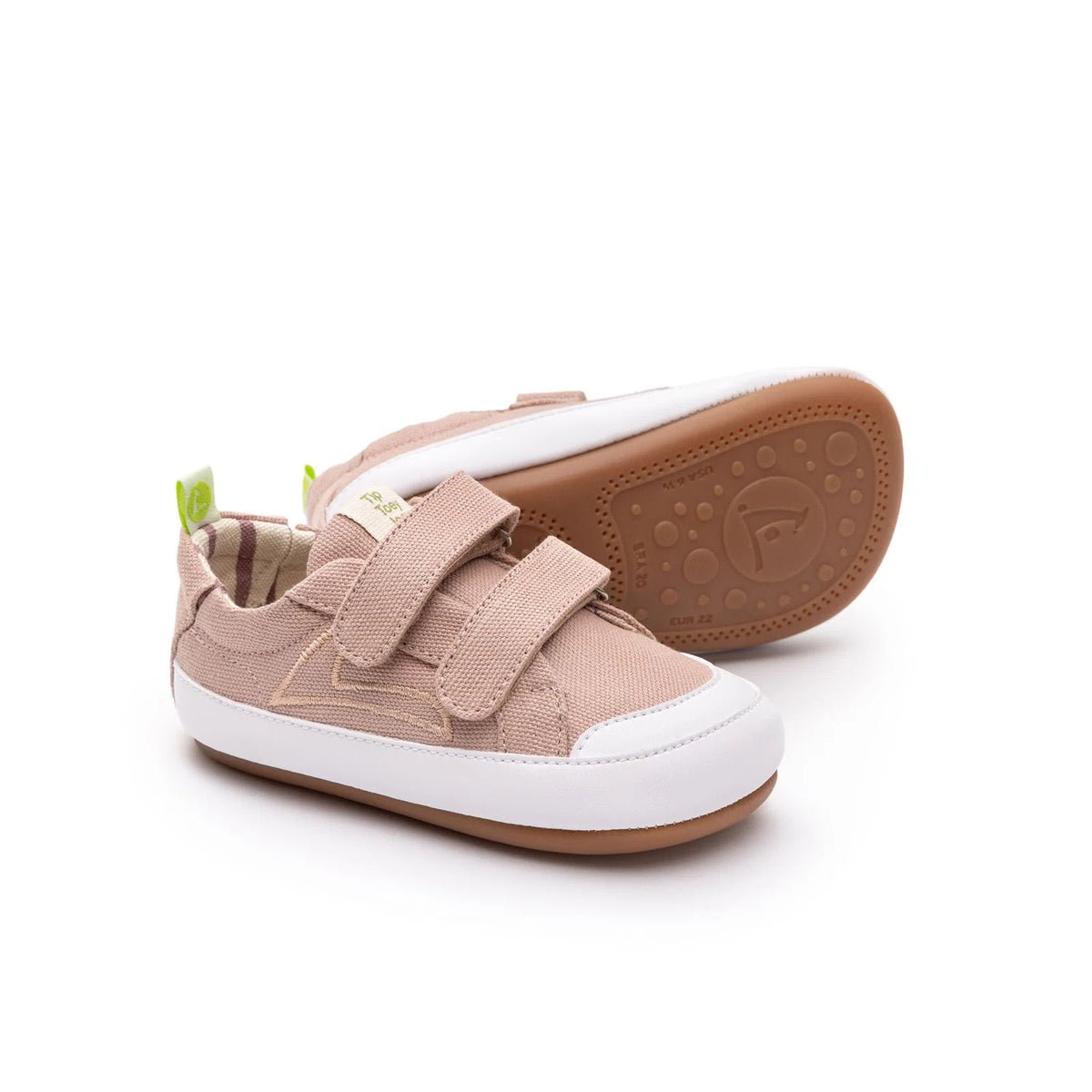 Pair of Tip Toey Joey Bossy Green Sneakers in Lona Rosa Quartzo, baby first walker shoes