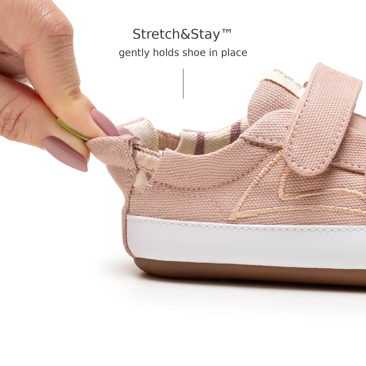 Back view of Tip Toey Joey Bossy Green Sneakers in Lona Rosa Quartzo showing the Stretch&Stay elastic heel