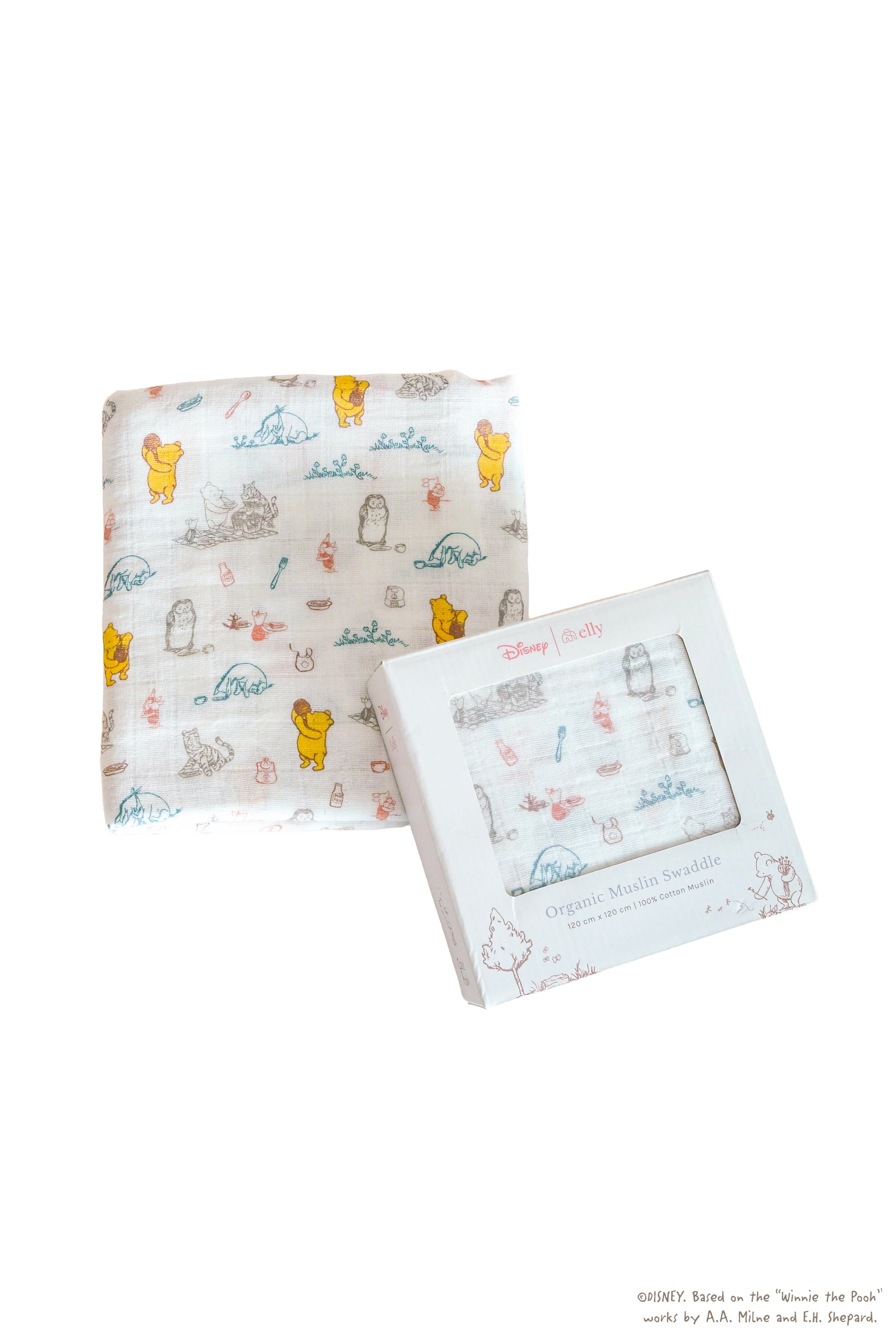 organic cotton swaddle in picnic with pooh print - packaging 