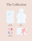 Flatlay of personalised baby gift set with towel, animal toys, gift box, and ribbon packaging