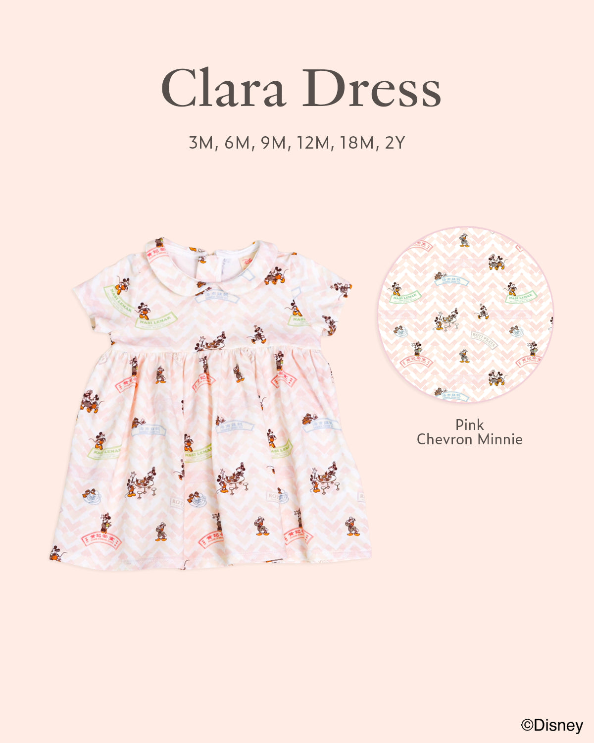clara dress in pink chevron minnie print in size 3m,6m,9m,12m,18m,2y