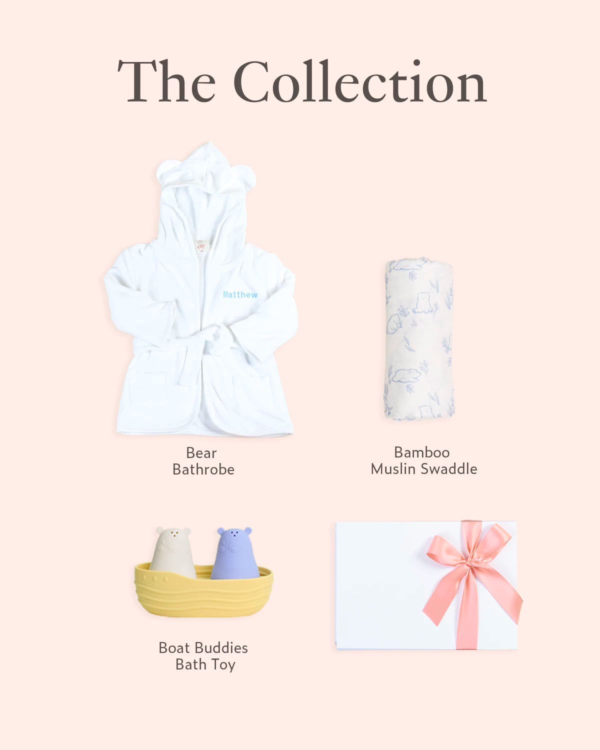 Bear Personalisation Gift set consist of bear bathrobe, bamboo muslin swaddle, boat buddies bath toys 