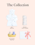 Bear Personalisation Gift set consist of bear bathrobe, bamboo muslin swaddle, boat buddies bath toys 