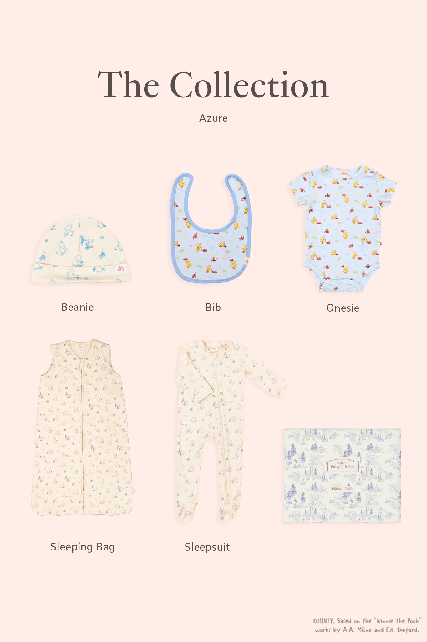 Collection of baby clothing items including a beanie, bib, onesie, sleeping bag, and sleepsuit on a light pink background.