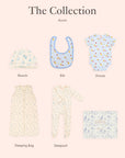 Collection of baby clothing items including a beanie, bib, onesie, sleeping bag, and sleepsuit on a light pink background.