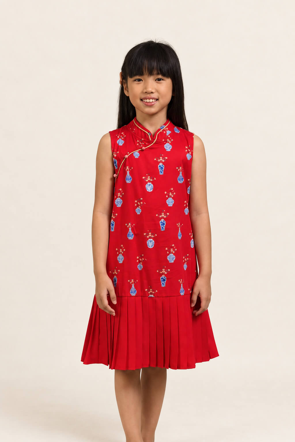 Drop Waist Cheongsam - Red Vases