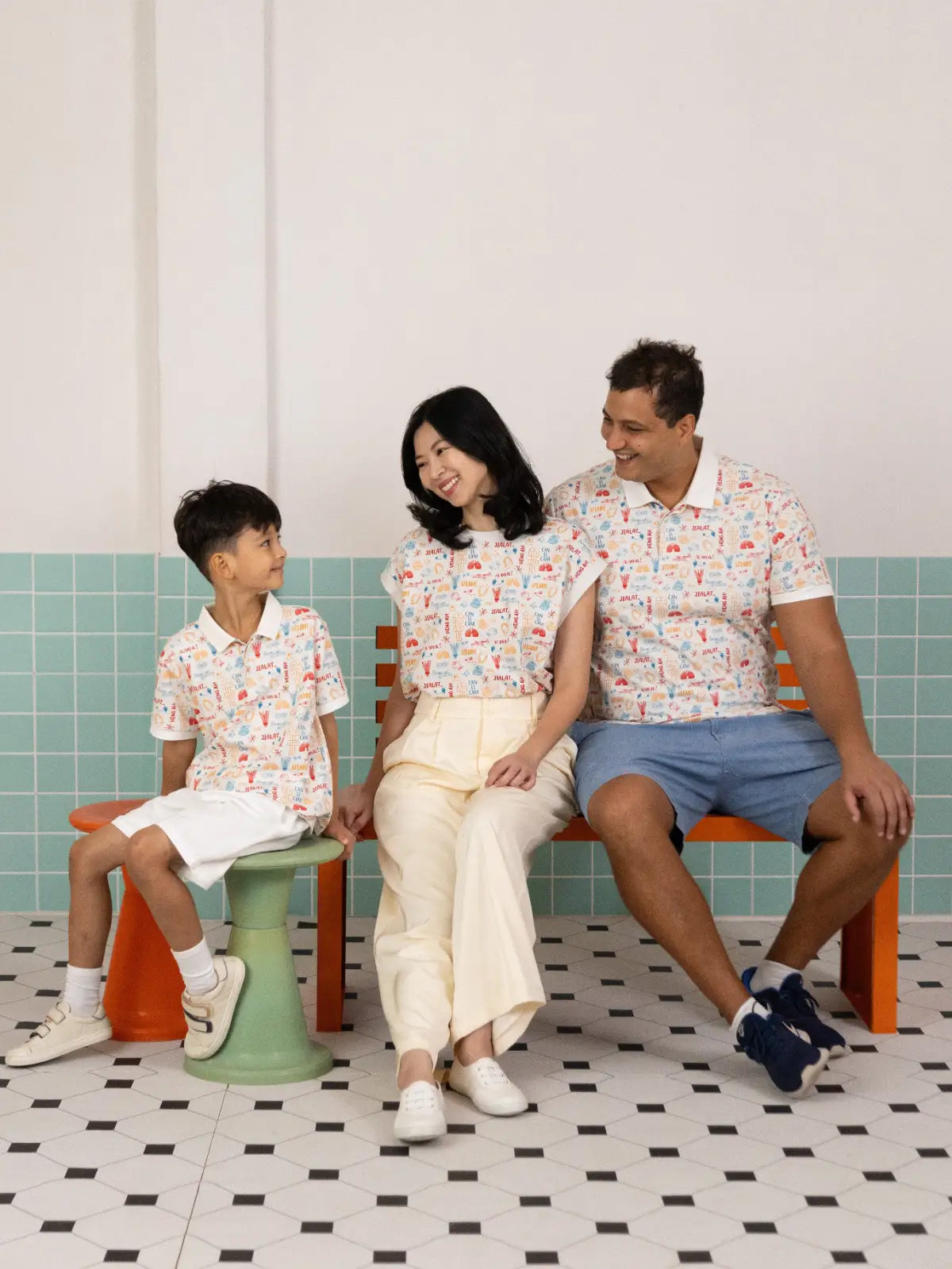 Matching family set in Childhood Games print by Elly featuring dad, mom, and son.