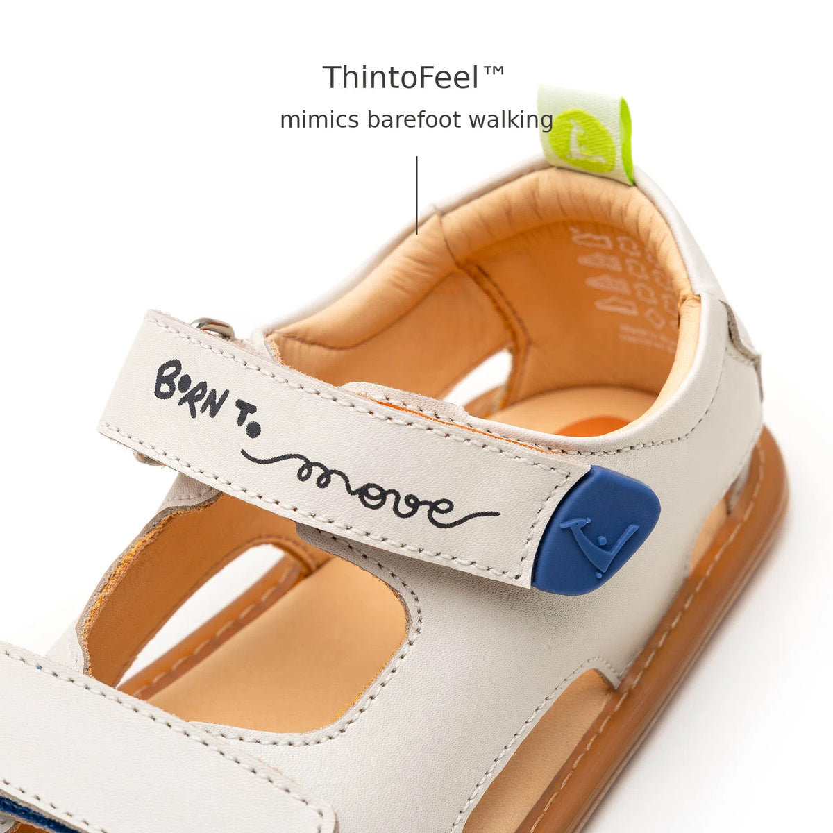 Tip Toey Joey Explore Born to Move Sandals in Tapioca showing the thin, flexible sole for feeling the ground
