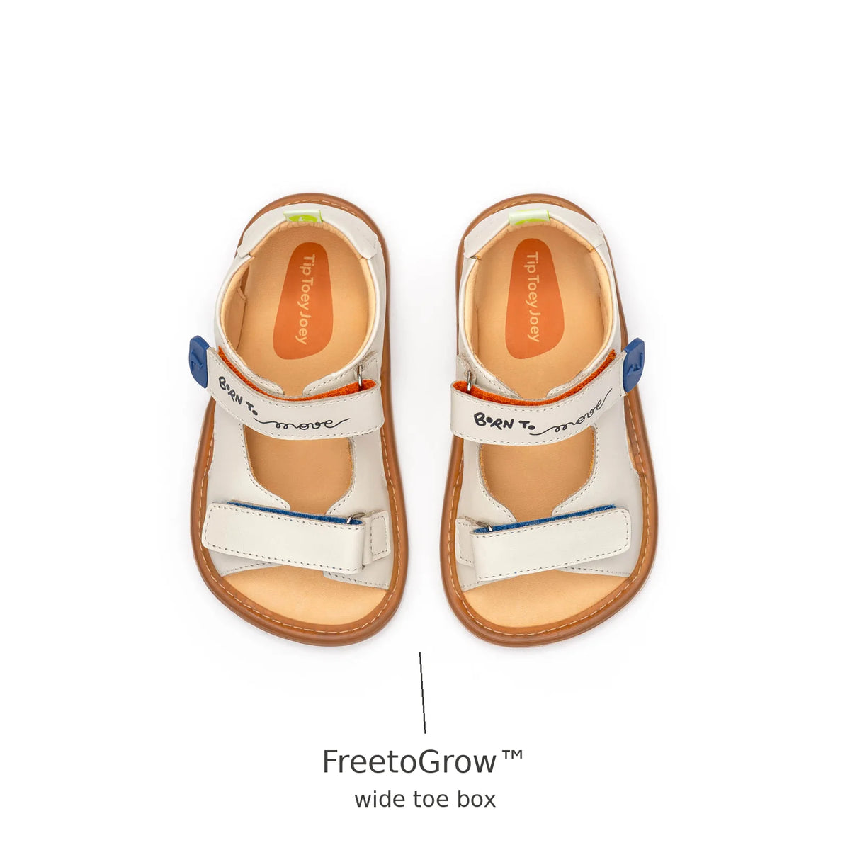 Top view of Tip Toey Joey Explore Born to Move Sandals in Tapioca showing the wide FreetoGrow toe box
