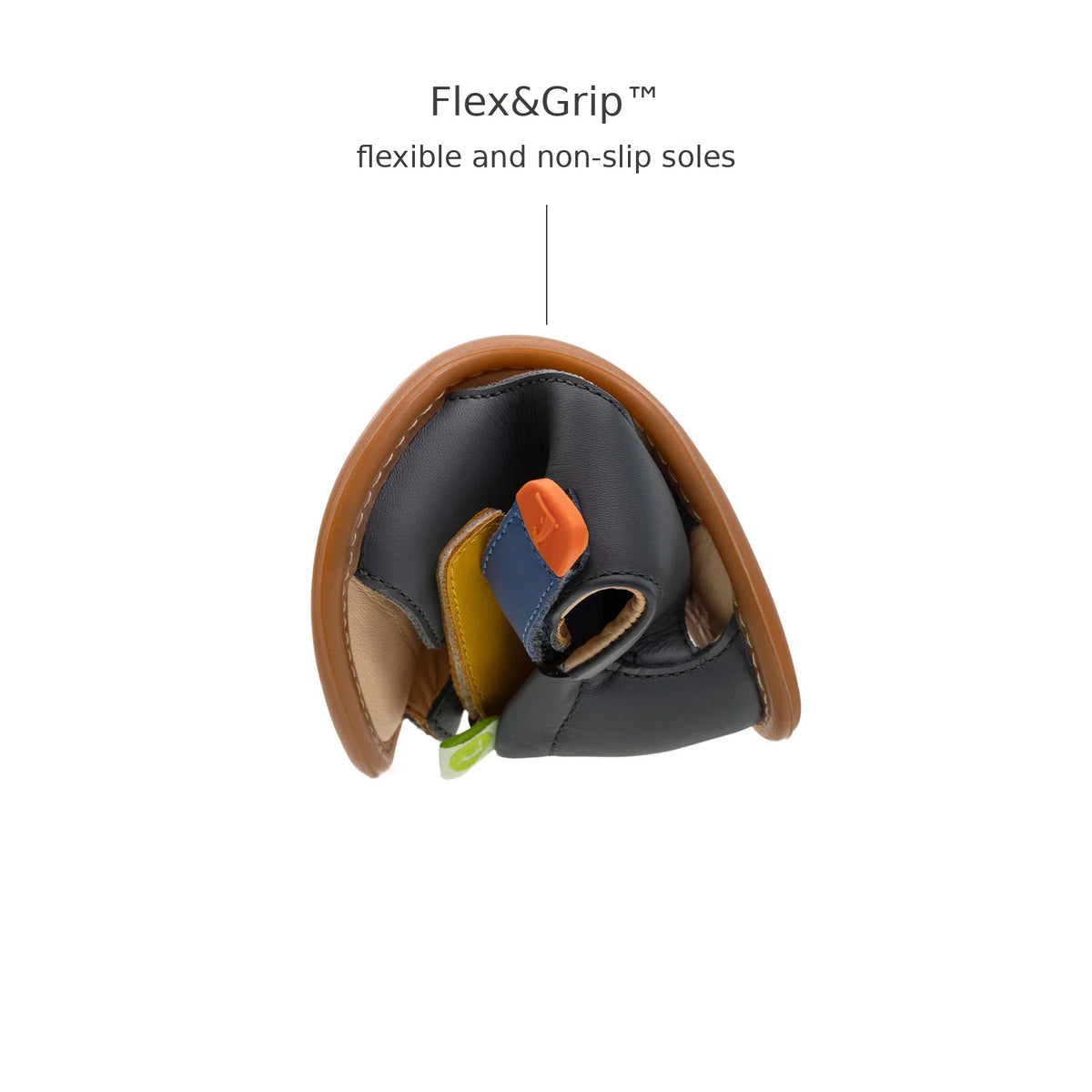 Tip Toey Joey Explore Sandals in Slate Blue / Caja / Blue Tang bending at the toe to show the flexible sole