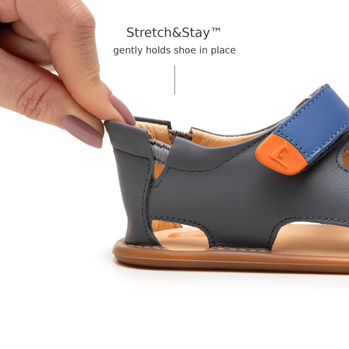 Back view of Tip Toey Joey Explore Sandals in Slate Blue / Caja / Blue Tang showing the Stretch&Stay elastic heel