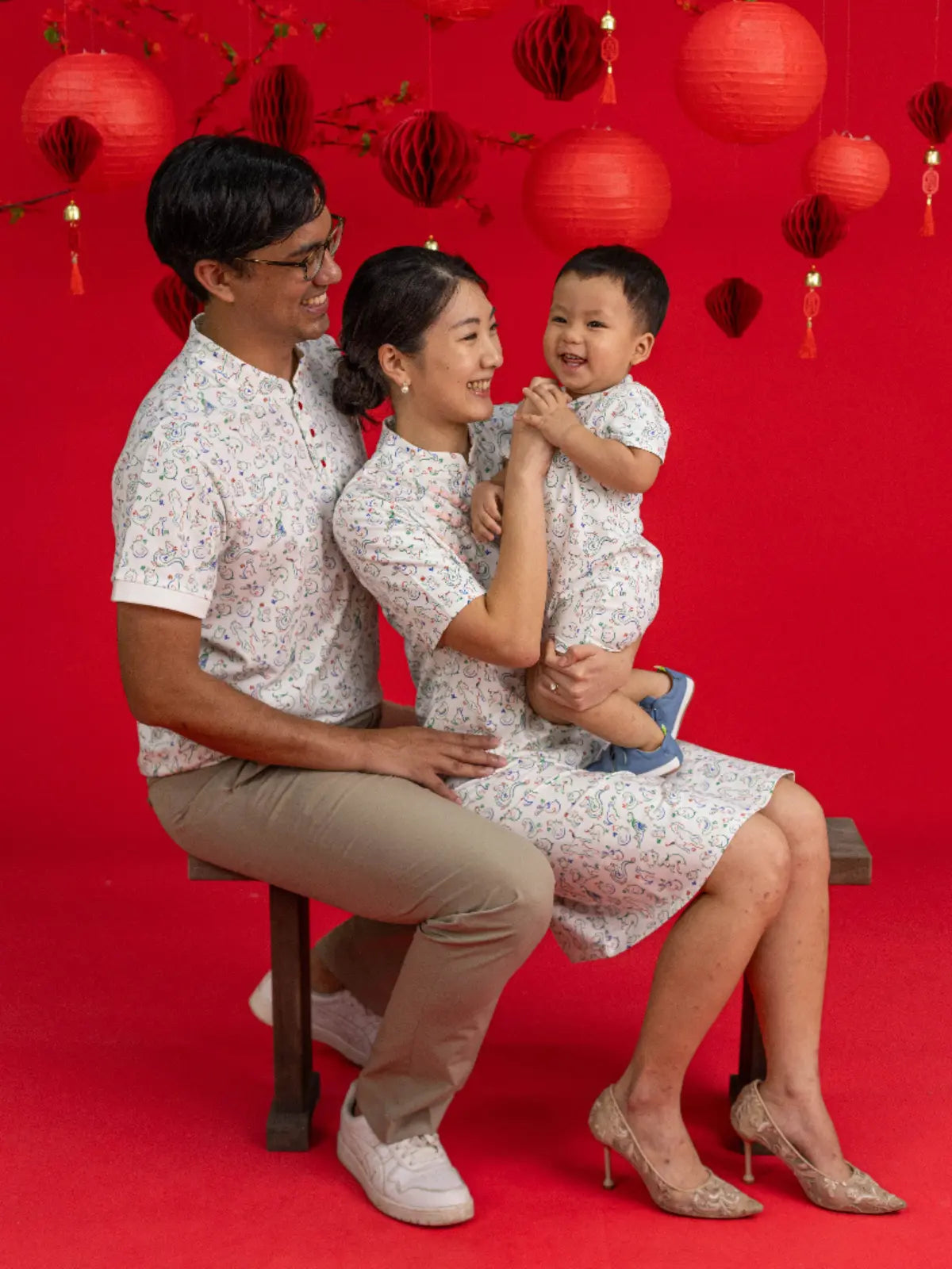 Full family matching set in Zodiac Mahjong print by Elly for Lunar New Year.