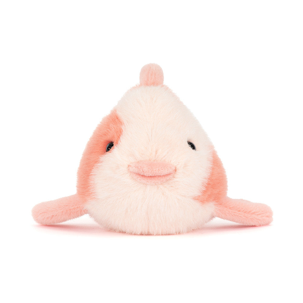 Plush toy resembling a stylized fish with pink and white colors 