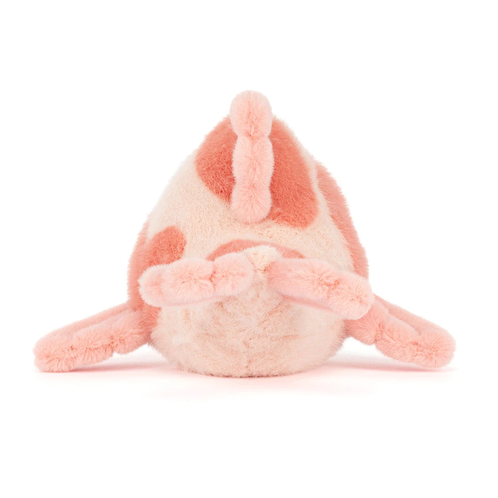Plush toy resembling a cartoon character with a pink and white color scheme 