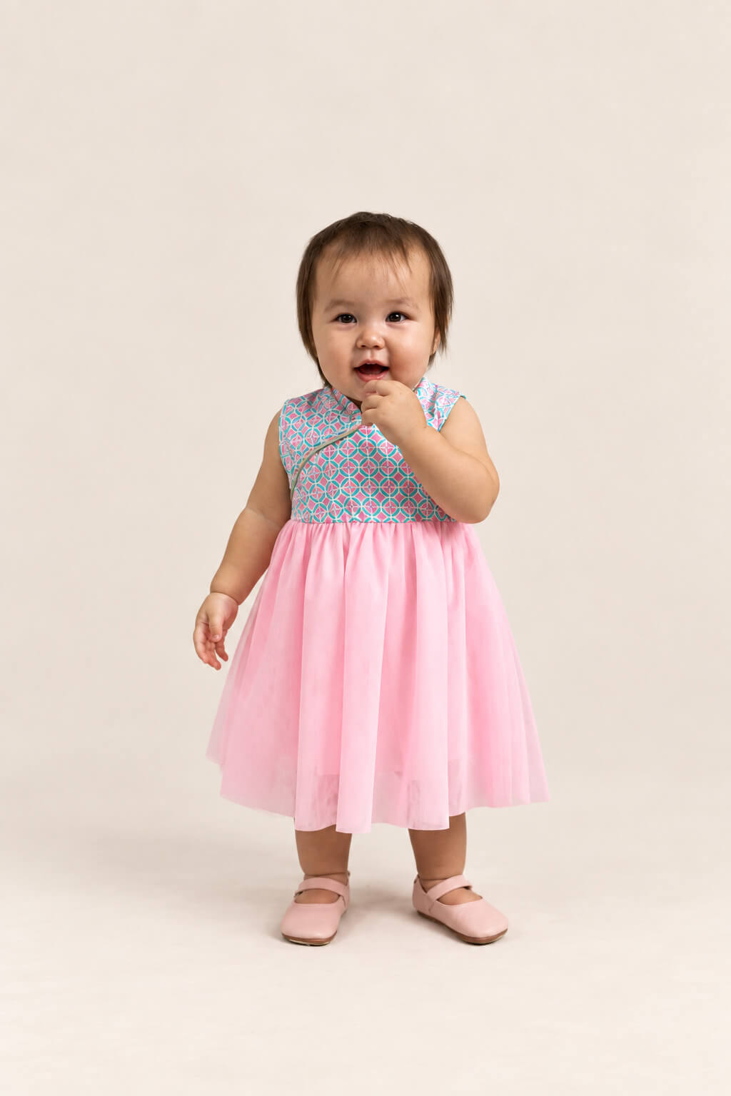 Flare Tulle Cheongsam - Pink Teal Mosaic