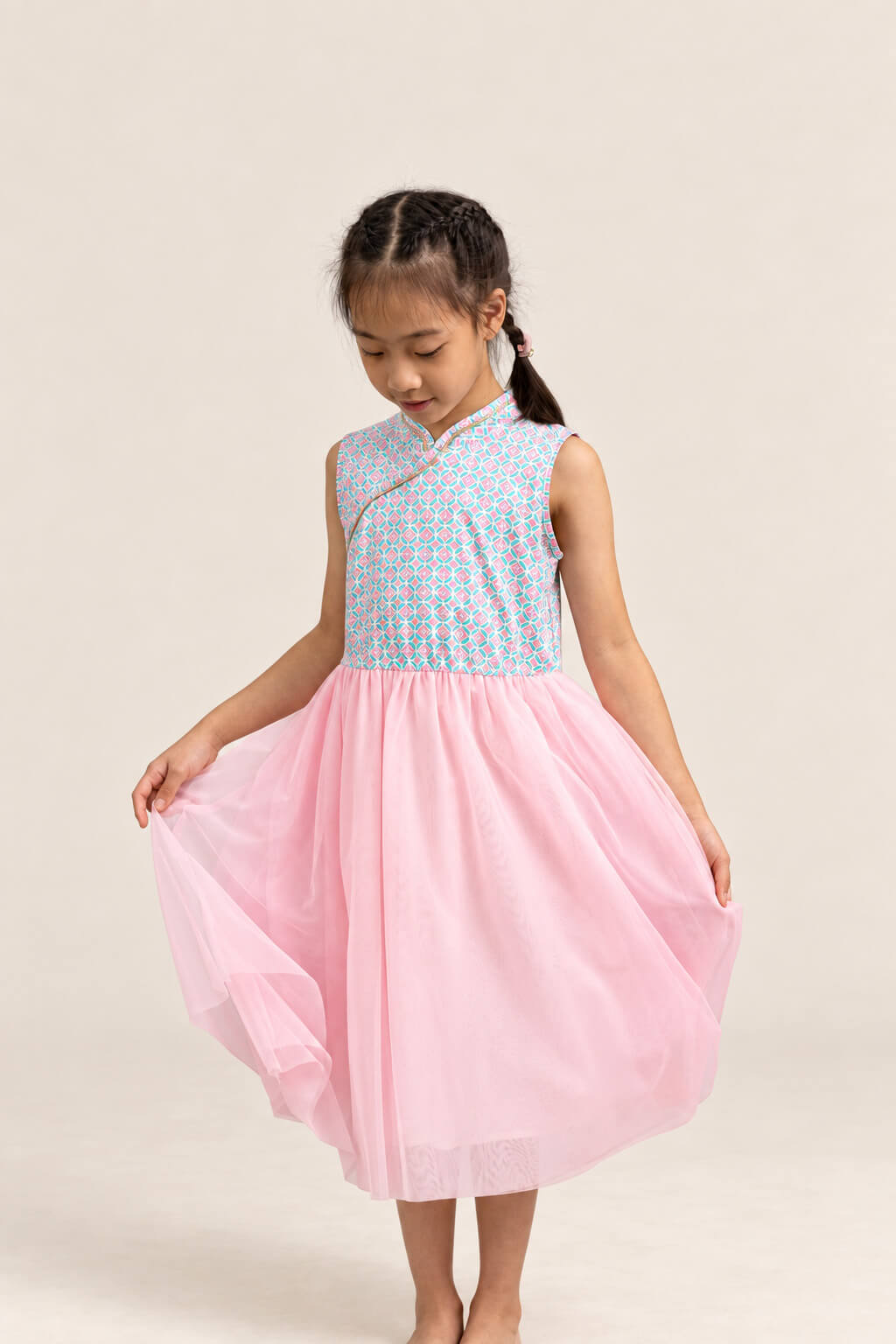 Flare Tulle Cheongsam - Pink Teal Mosaic