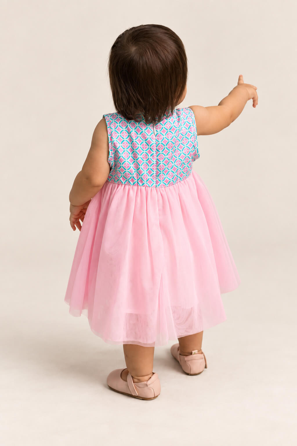Flare Tulle Cheongsam - Pink Teal Mosaic