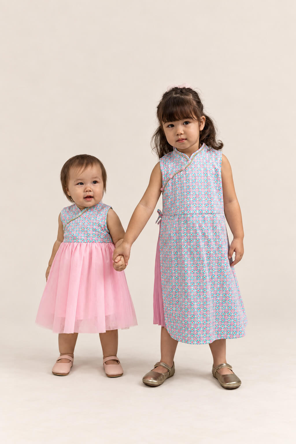 Flare Tulle Cheongsam - Pink Teal Mosaic pair