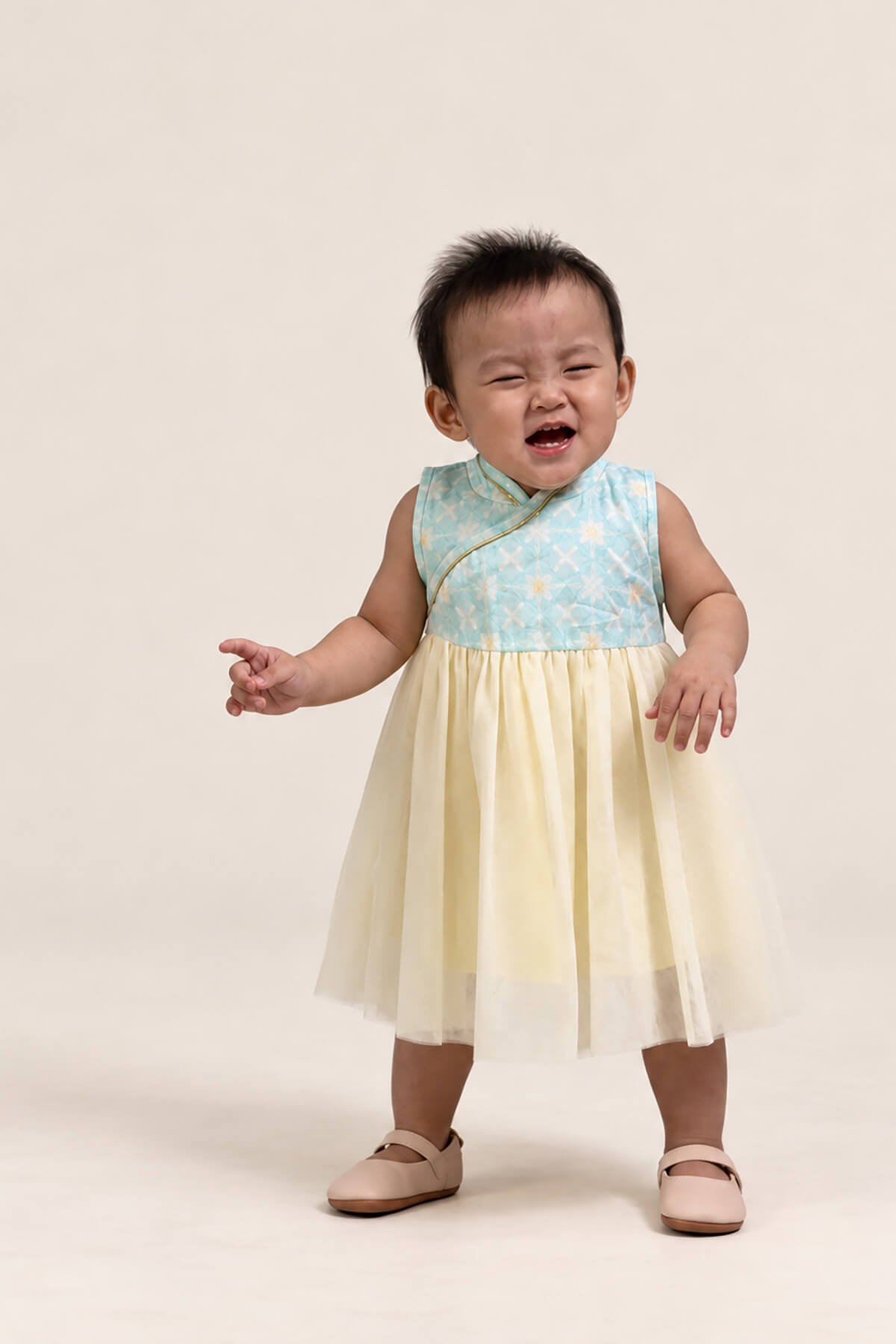 Flare Tulle Cheongsam - Teal Plaid Tiles