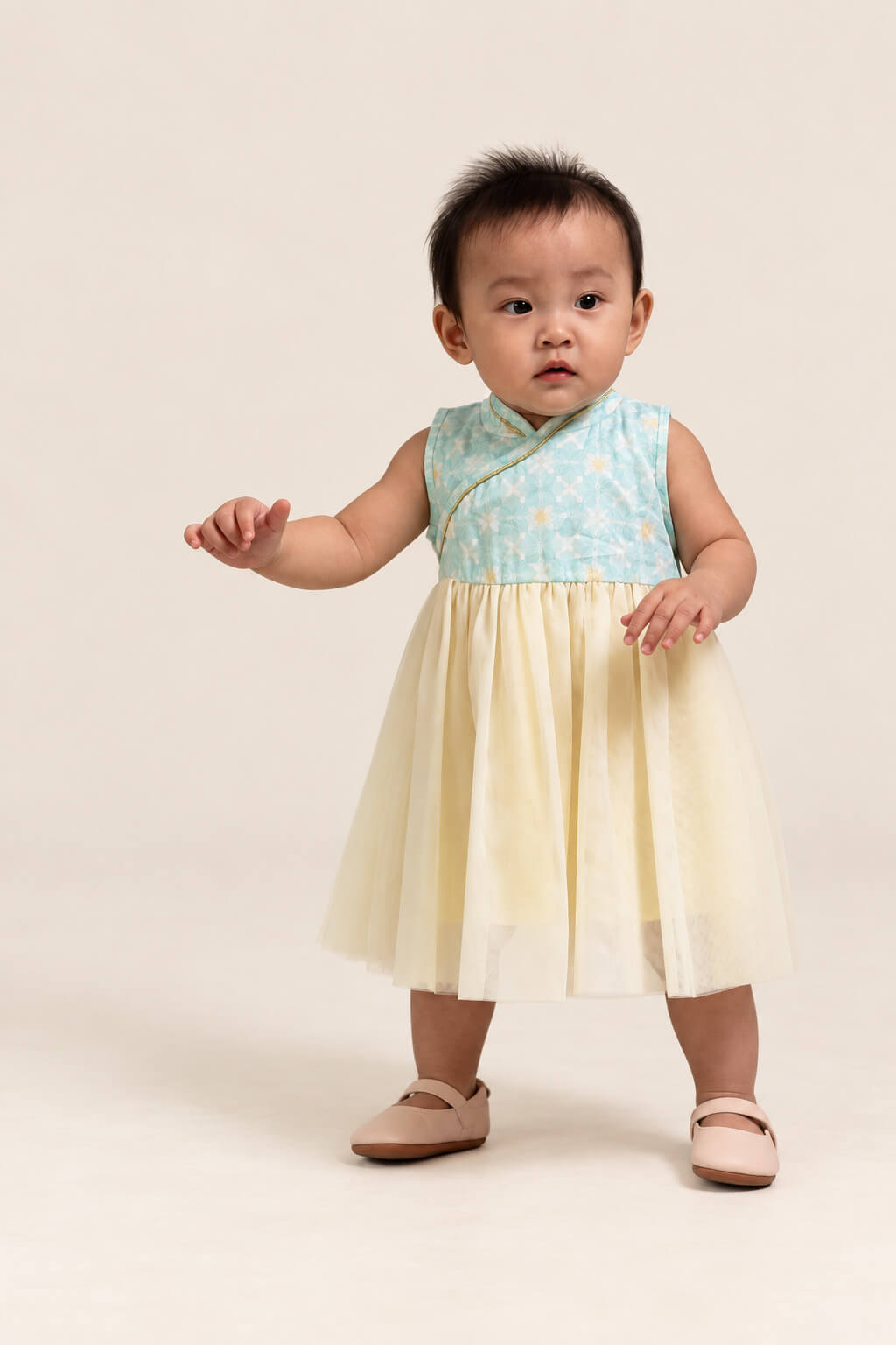 Flare Tulle Cheongsam - Teal Plaid Tiles