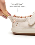 Back view of Tip Toey Joey Gaia Green Mary Janes in Lona Creme / Lona Salmao showing the Stretch&Stay elastic heel
