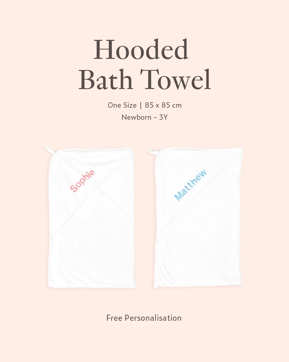 Personalised hooded baby towels with embroidered names in pink and blue