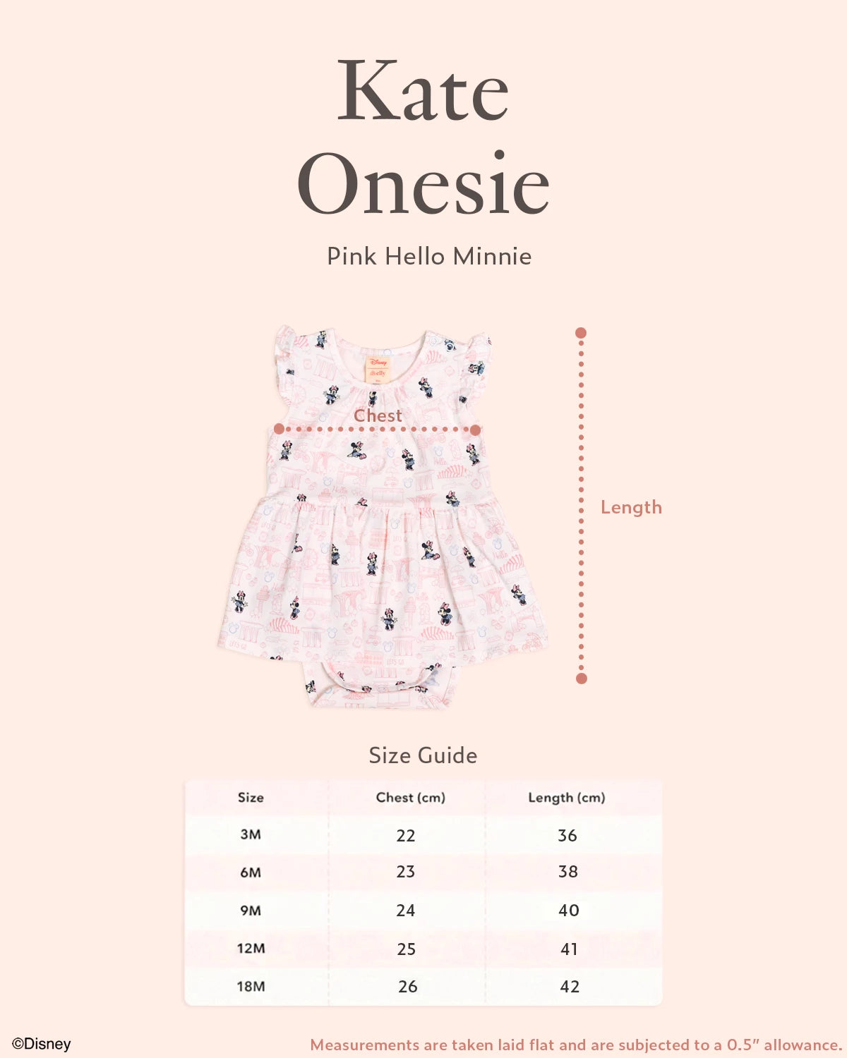 Pink Hello Minnie onesie with size guide 