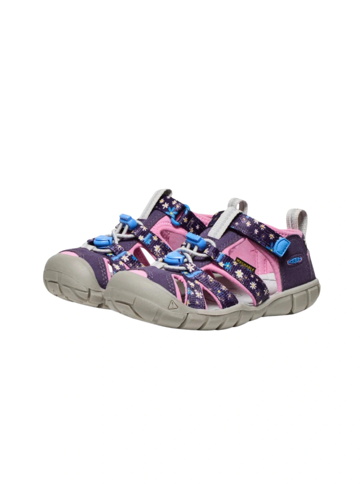 Looking down at the Daisies Marina sandals, showing the pink internal lining and the spacious toe box for comfortable play.