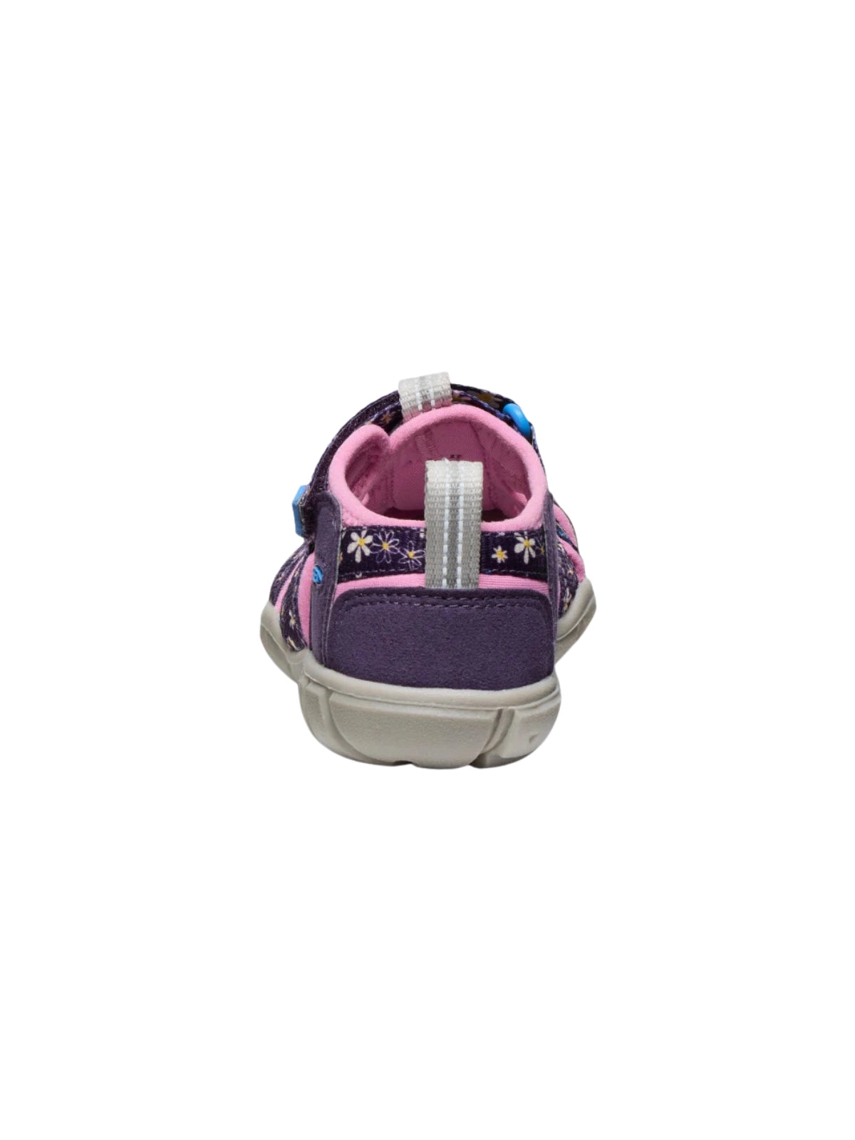 Back view of the Daisies Marina floral sandal, showcasing the sturdy heel pull-loop and the contrast between navy and pink.