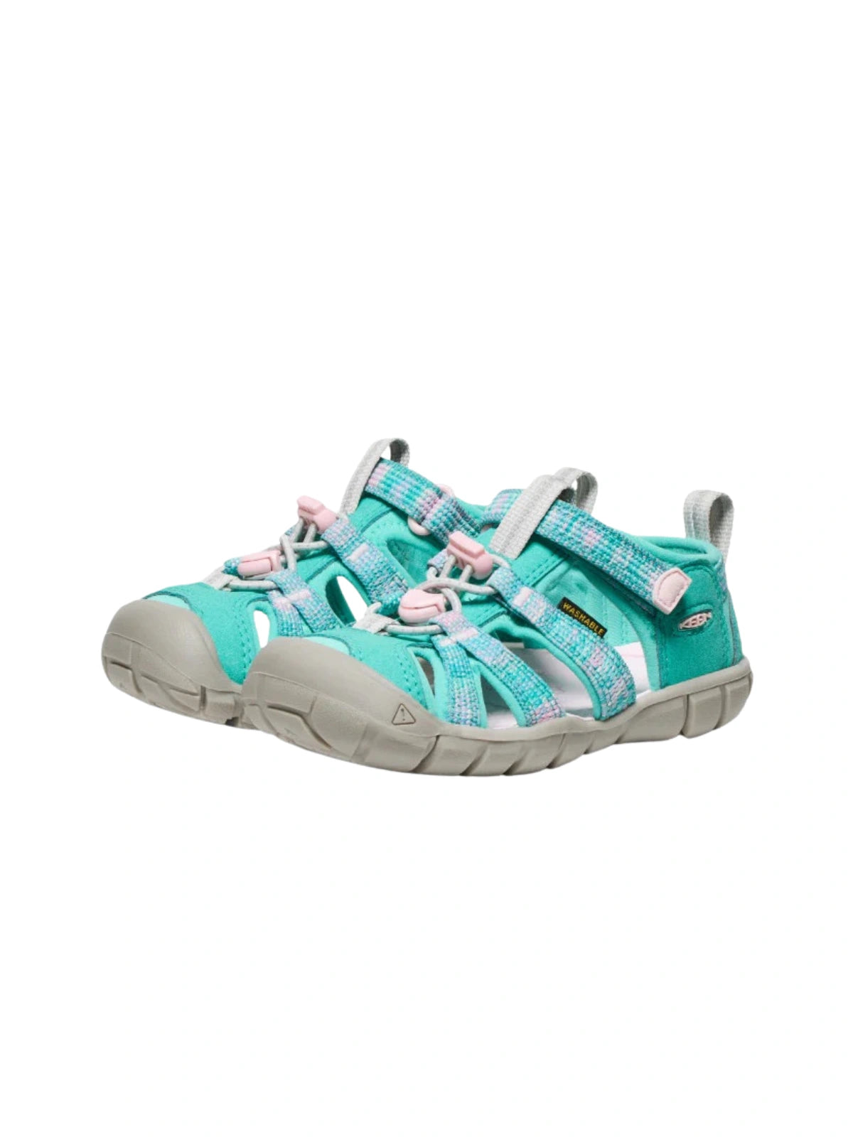 Bird's-eye view of the Bright Aqua sandals, displaying the contoured light pink footbed designed for natural arch support.