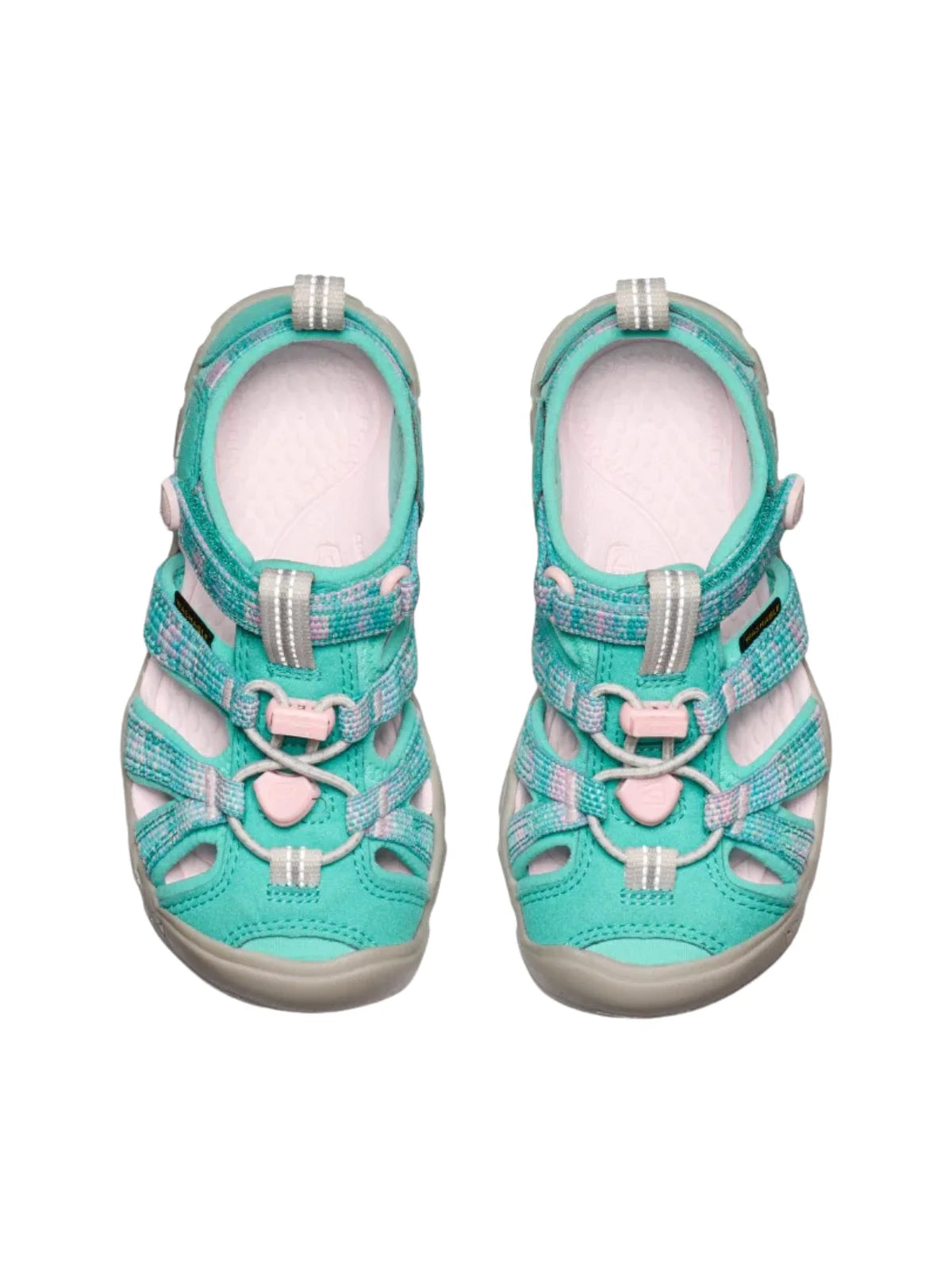 A pair of Bright Aqua and pink KEEN water shoes for children, showcasing the quick-dry textile materials and sporty design.