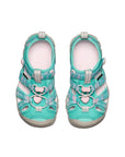 A pair of Bright Aqua and pink KEEN water shoes for children, showcasing the quick-dry textile materials and sporty design.