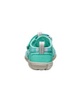 Rear perspective of the Bright Aqua sandal, focusing on the pull-tab and the secure wrap-around heel construction.