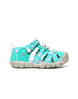 Side profile of the KEEN Seacamp II CNX in Bright Aqua, featuring a vibrant teal upper with pink and white striped webbing and a tan rubber outsole.