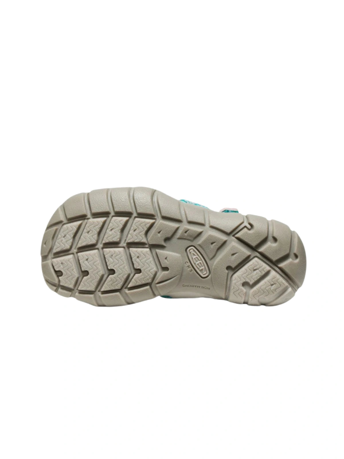 Detailed view of the tan non-marking rubber sole on the Bright Aqua sandal, featuring a multi-directional grip pattern for wet surfaces.