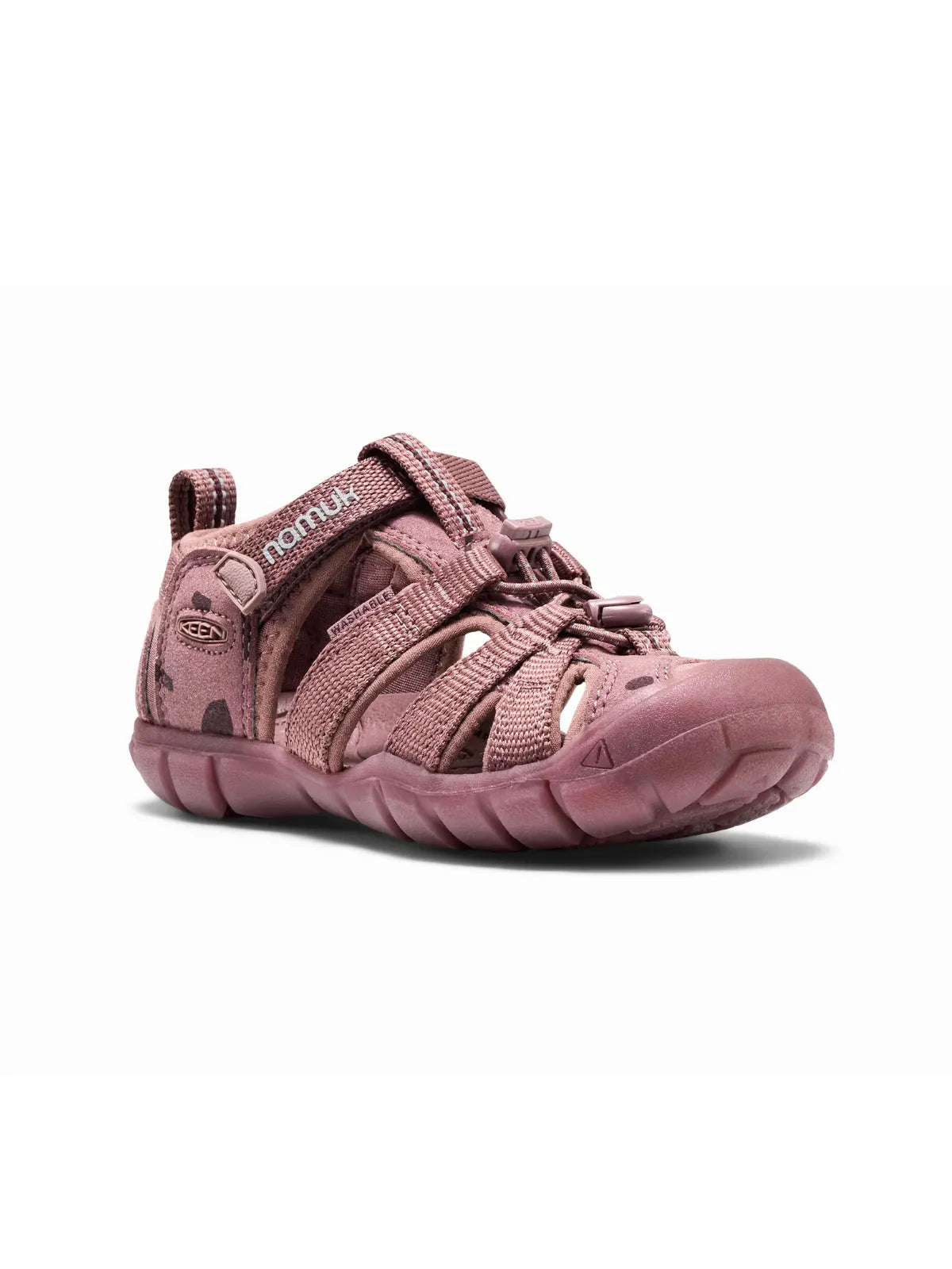 Three-quarter front view of the sandal showing the protective closed-toe box and hook-and-loop strap closure.