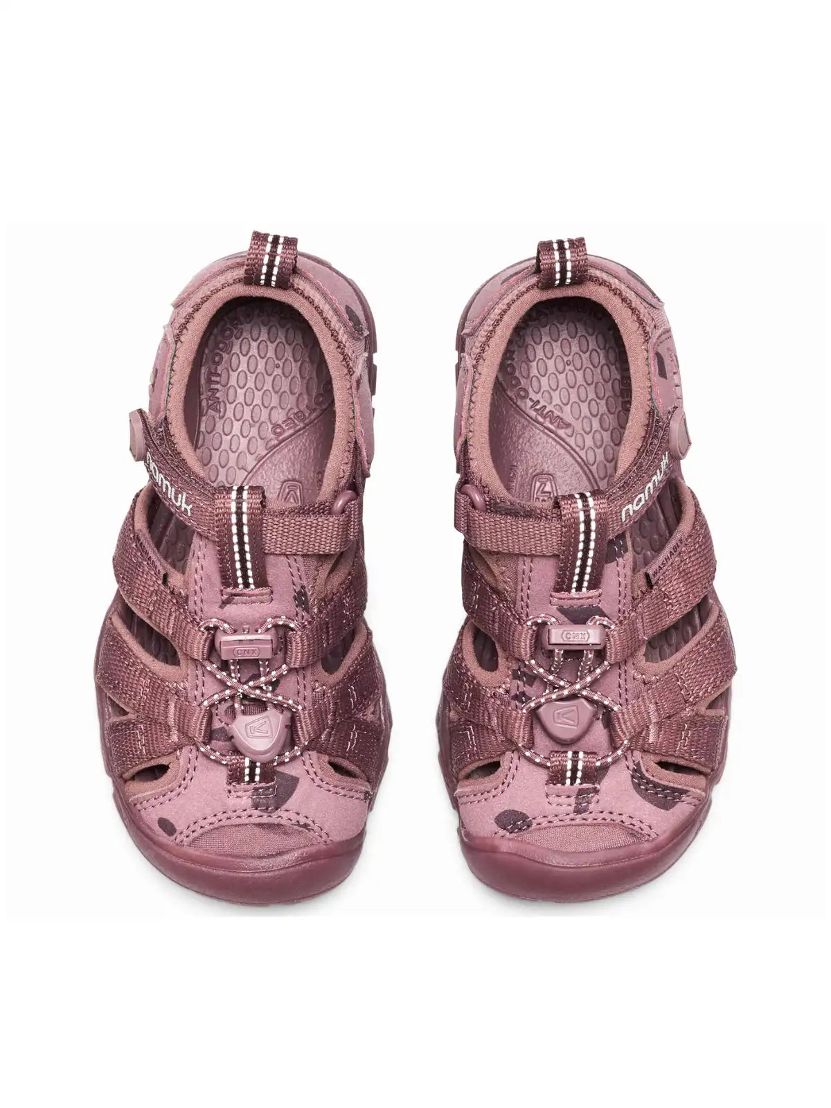 Overhead view of the pair of sandals showing the cushioned footbed and the symmetrical layout of the bungee lacing system.