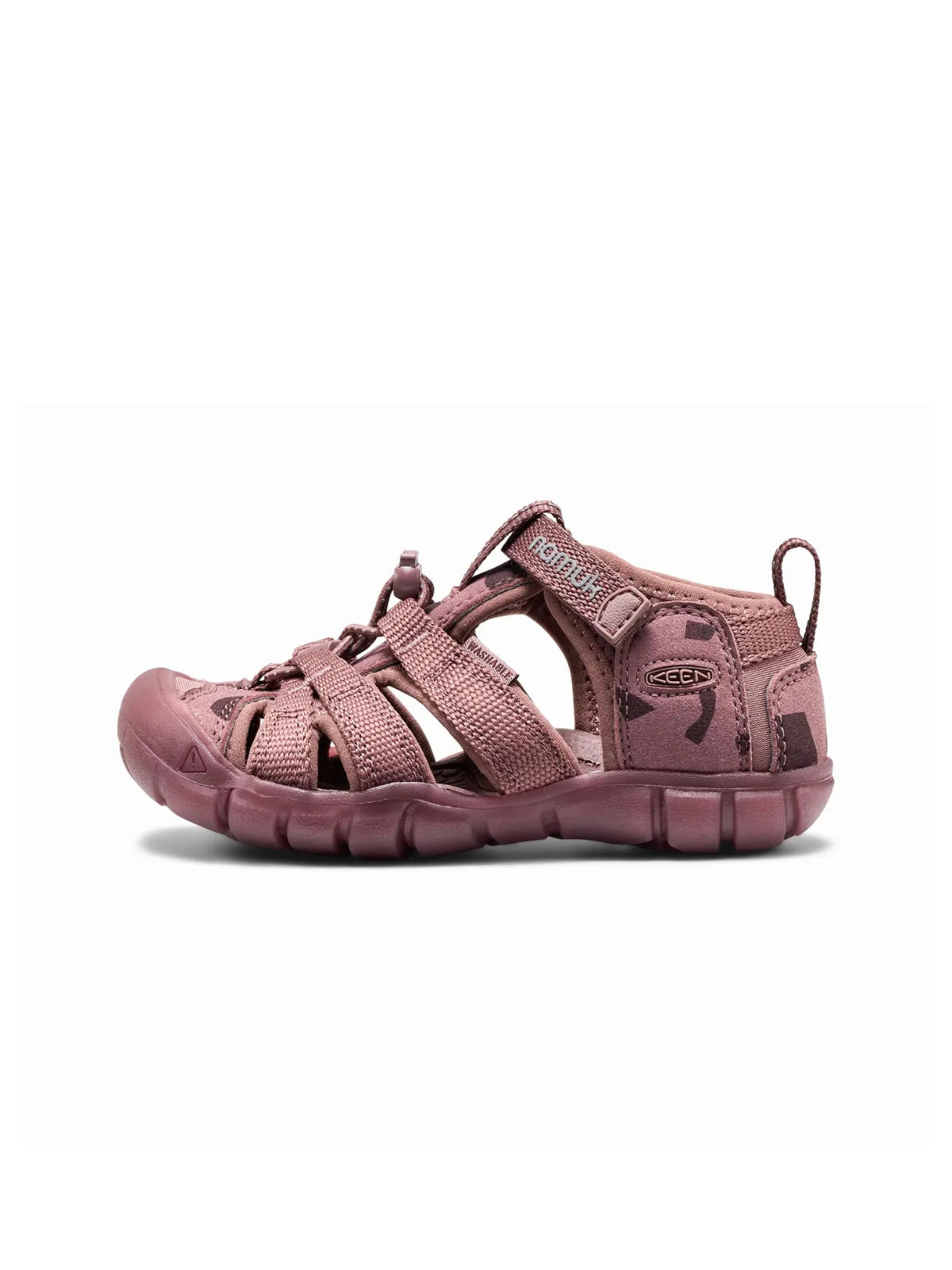 Right-side profile of the mauve sandal highlighting the thick, contoured midsole and open-vented design for breathability.
