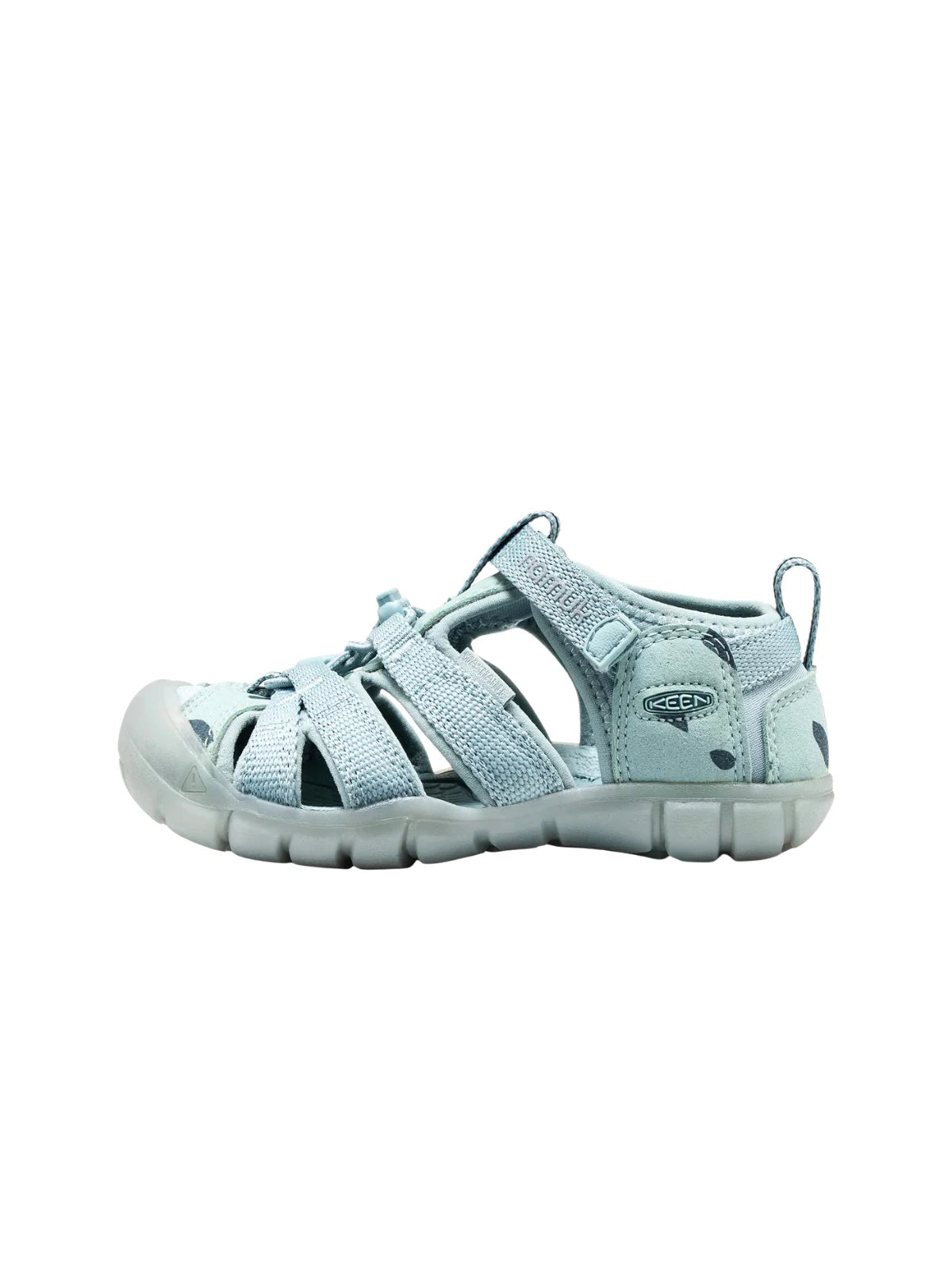 A full side-on shot of the Ice Blue KEEN sandal, emphasizing the lightweight CNX design and the adjustable hook-and-loop ankle strap.
