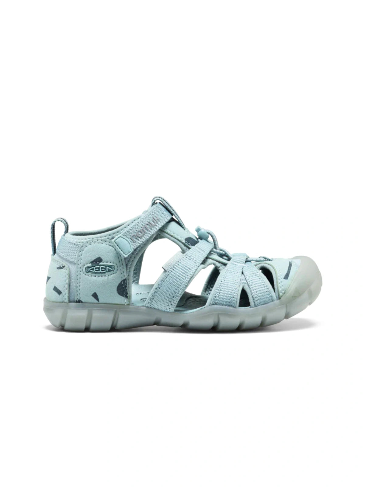 Side profile of the Ice Blue KEEN Seacamp II CNX little kids' sandal, showing the low-profile flexible sole and light blue waterproof webbing.