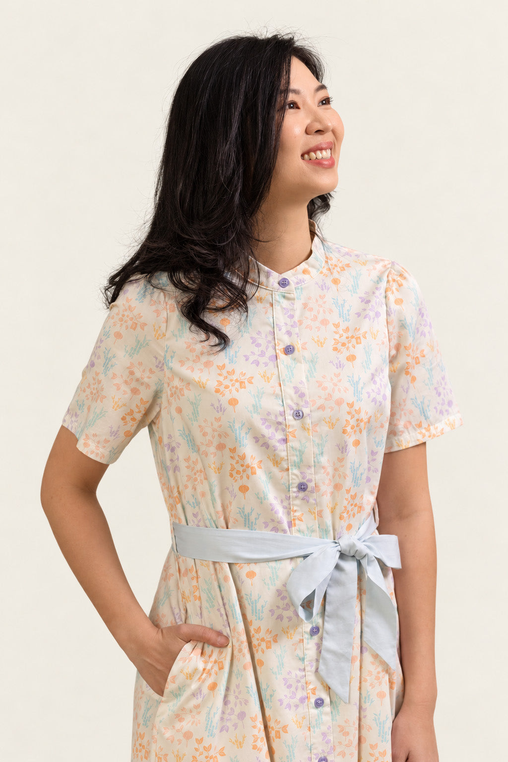 Ladies Sasha Dress - Cream Floral Bamboo