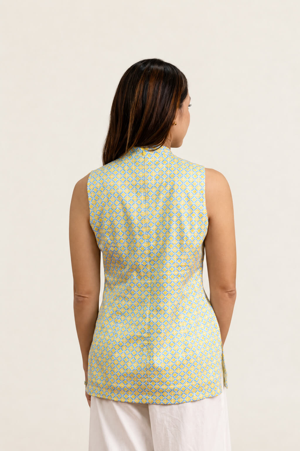 Ladies Yellow Geometric Cheongsam blouse back