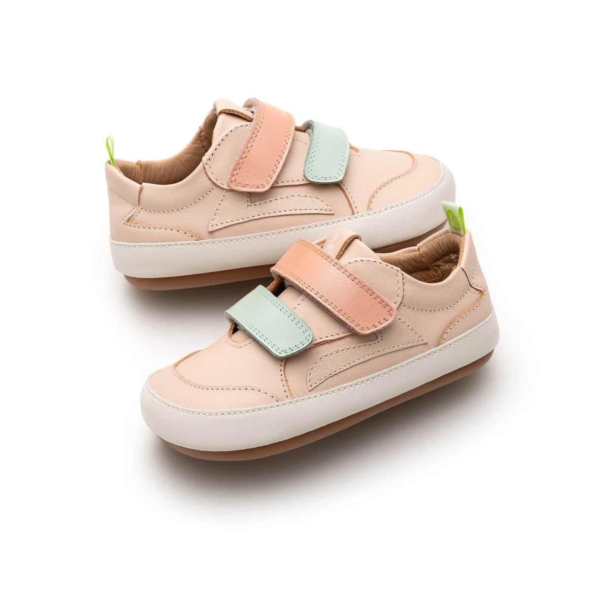 Angled view of a pair of Tip Toey Joey Landy Sneakers in Papaya Cream / Mint / Flamingo