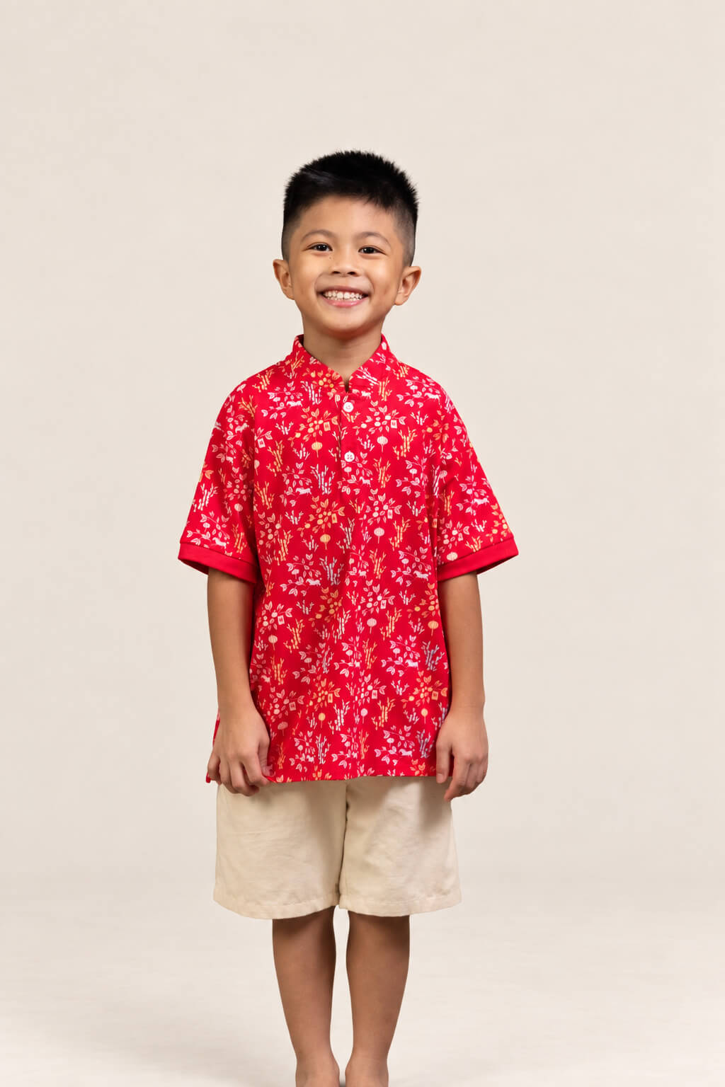 Mandarin-collared Polo Tee - Red Floral Bamboo