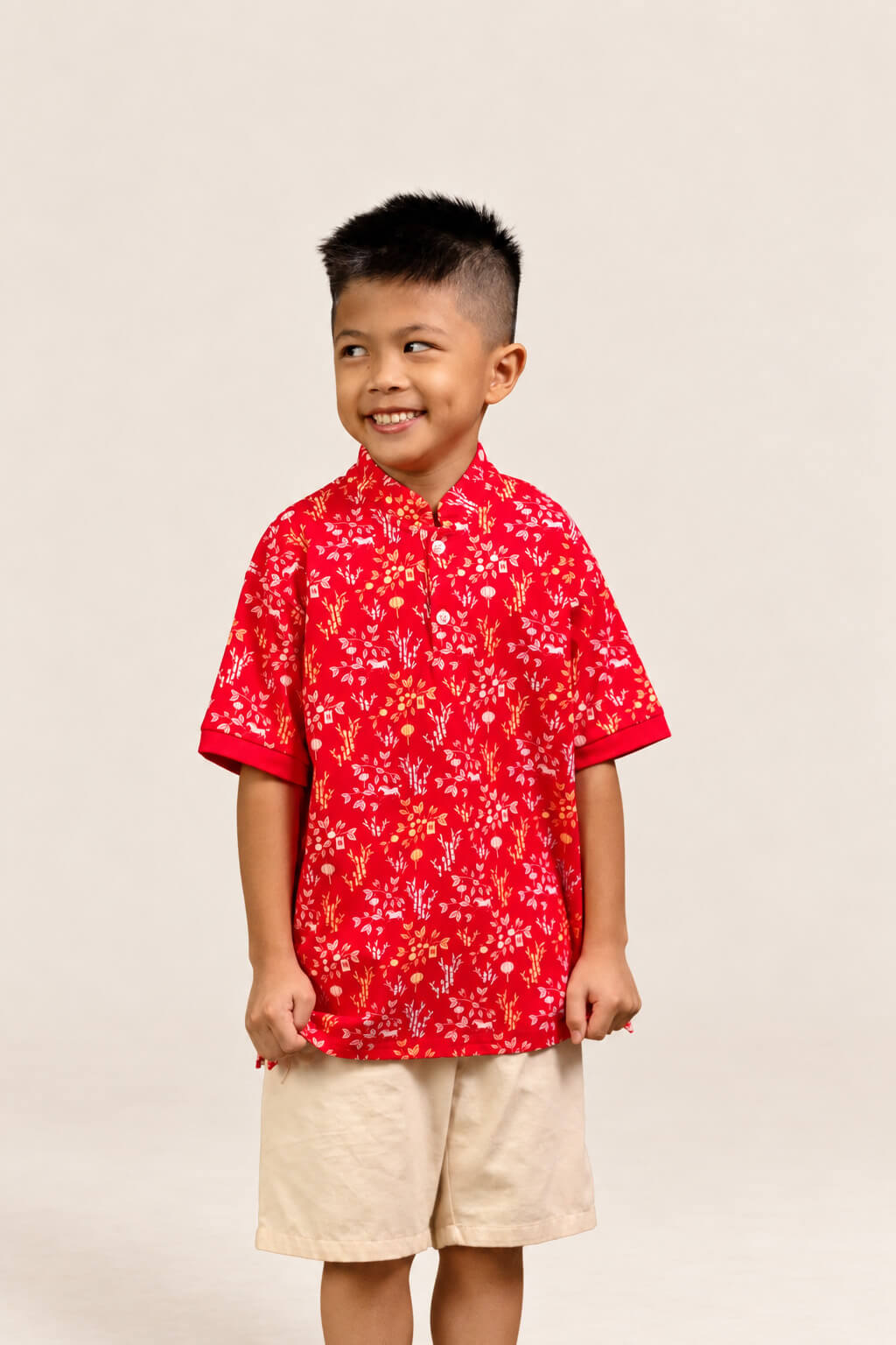 Mandarin-collared Polo Tee - Red Floral Bamboo