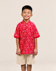 Mandarin-collared Polo Tee - Red Floral Bamboo