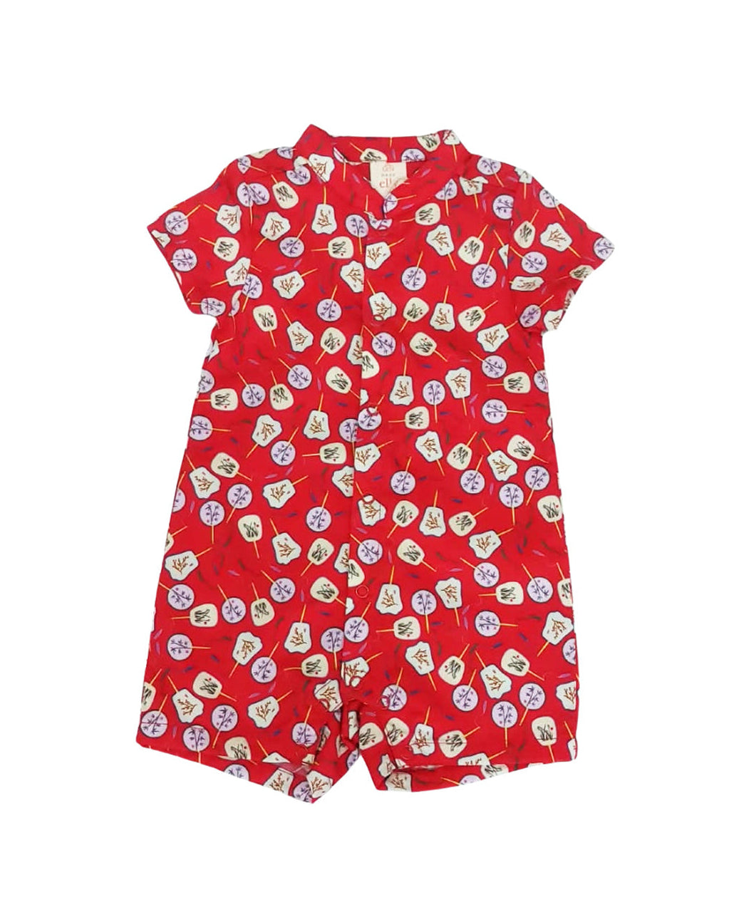 Mandarin-collared Romper - Red Fans