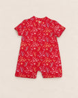 Mandarin-collared Polo Romper - Red Floral Bamboo
